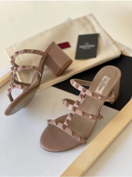 Valentino Rockstud Calfskin Leather Slide Sandal 60 mm Poudre