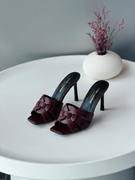 Saint Laurent Burgundy Leather Tribute Slide Sandals