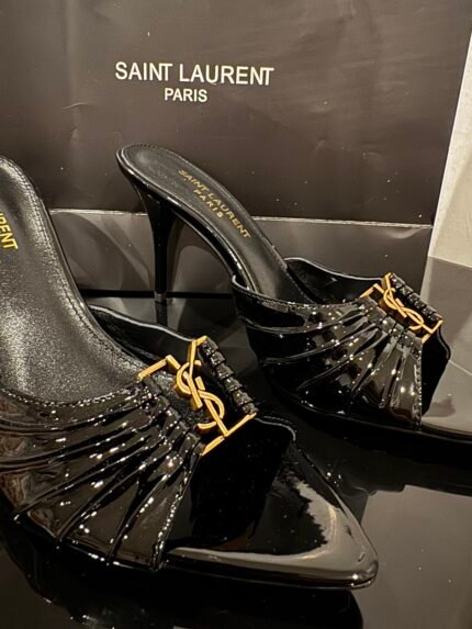 Saint Laurent Patent Leather Babylone Sandals Glossed Black