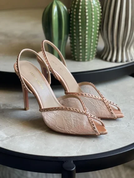 Hills Andrea Wazen Sandal with Rhinestones In Champagne Lace