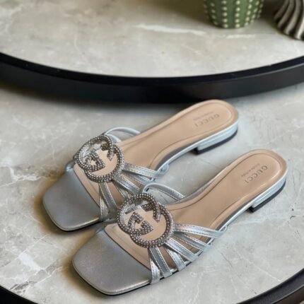 Gucci Women's Interlocking G Slide Sandals In Silver Metallic